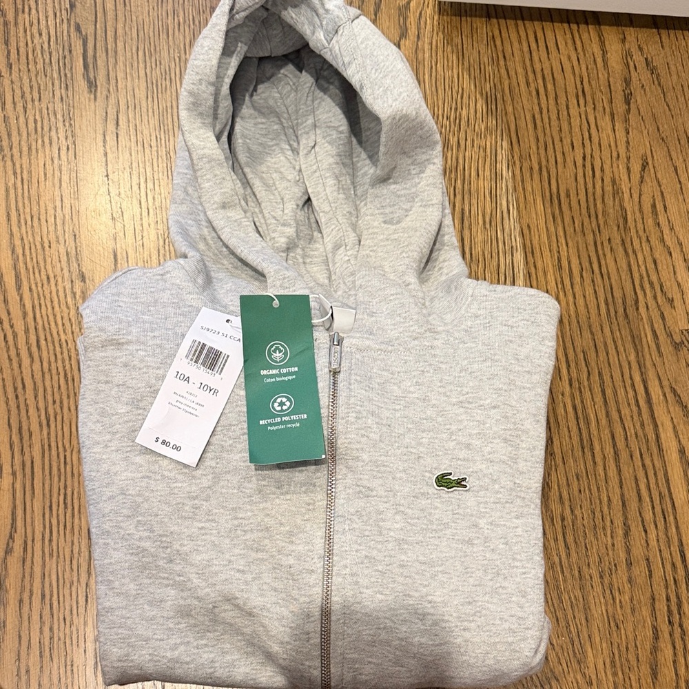 Lacoste Kids Light Gray Hooded Zip Sweatshirt with Crocodile Logo